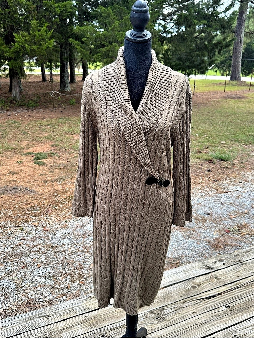 Ellen Tracy Cable Knit Sweater Dress Cardigan Brown Large